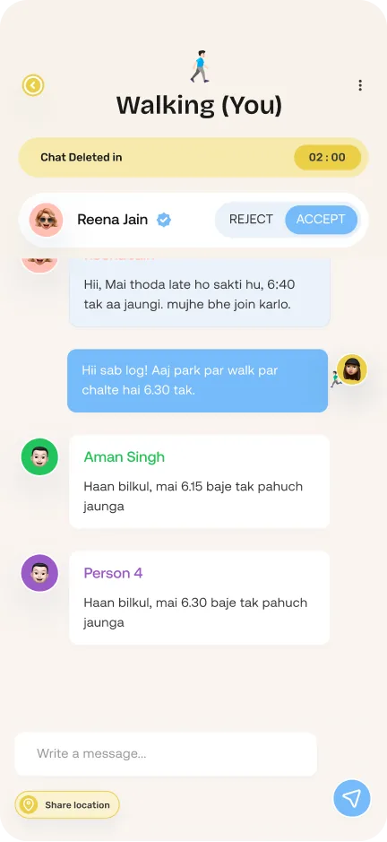 Group chat with a countdown banner before the chat is deleted