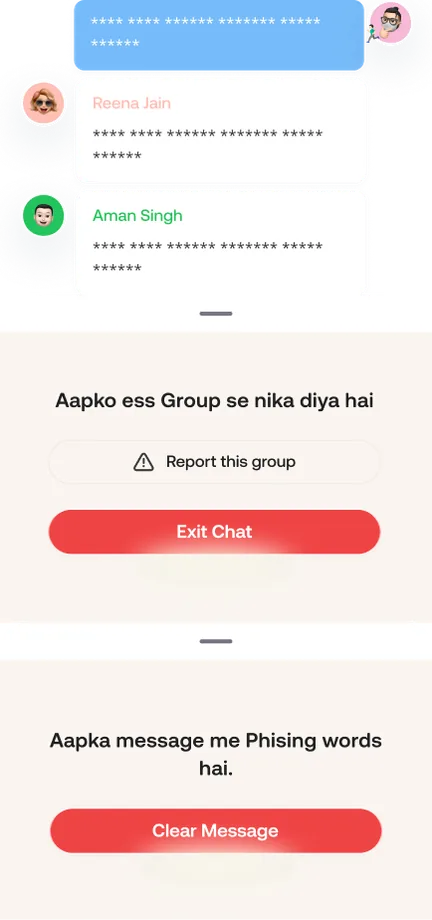 Sheets for being removed from a group with Report, and for a message blocked for phishing words