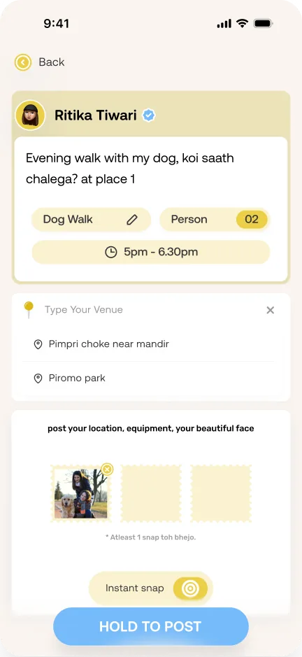 Create a post: venue search, live snaps and hold to post