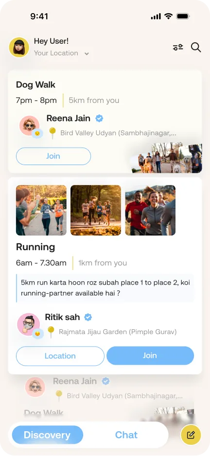 Discovery feed with nearby plans like a dog walk and a morning run