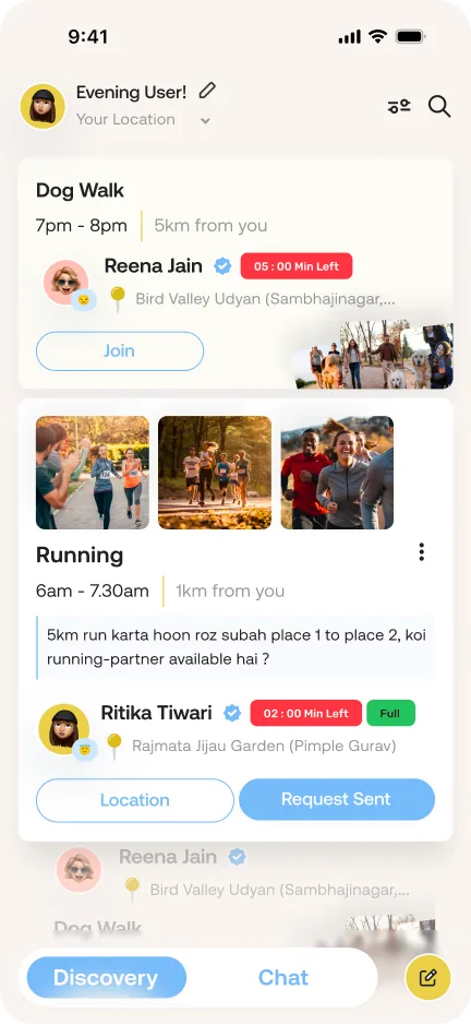 Feed cards showing a countdown and a Full tag
