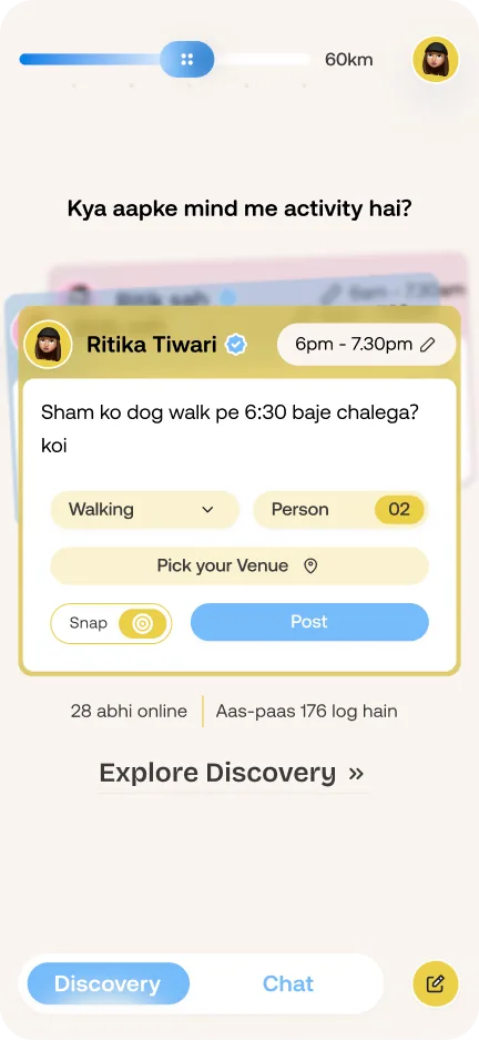 Home screen asking what activity you have in mind, with a quick post card and people online nearby