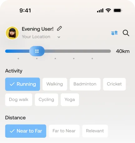 Filter panel with distance, activity and sort options