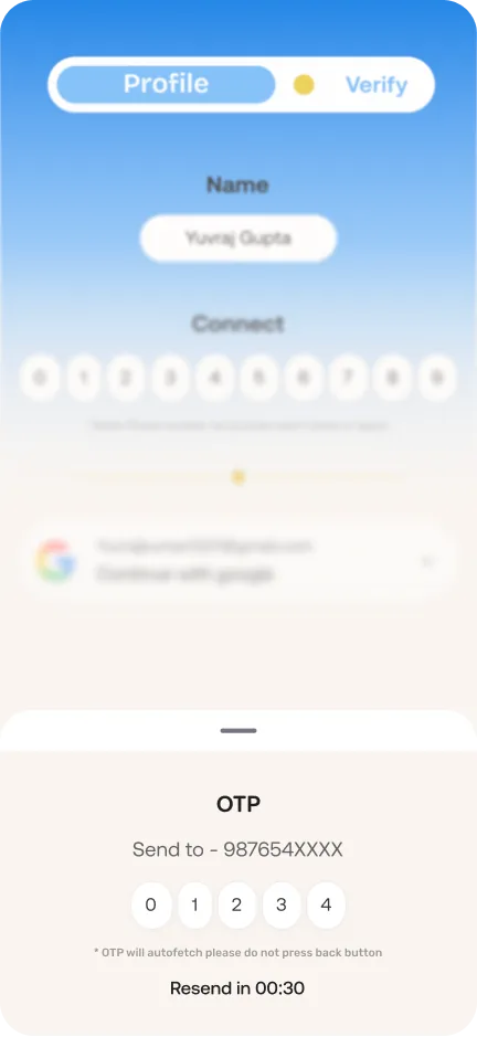 OTP sheet: code sent to the phone number, resend timer