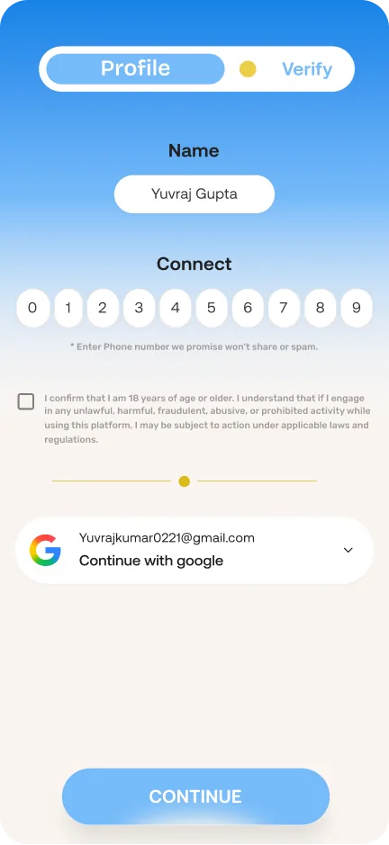Profile step: name, phone number, age confirmation and Continue with Google