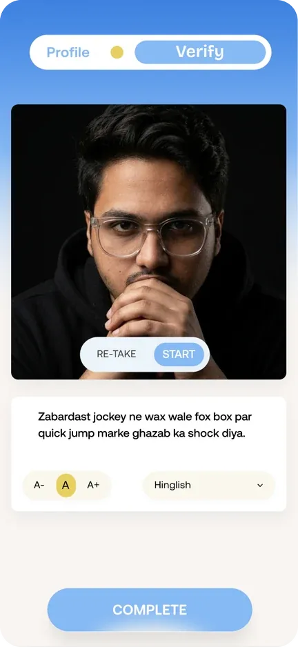 Verify step: selfie video with a line to read aloud in Hinglish
