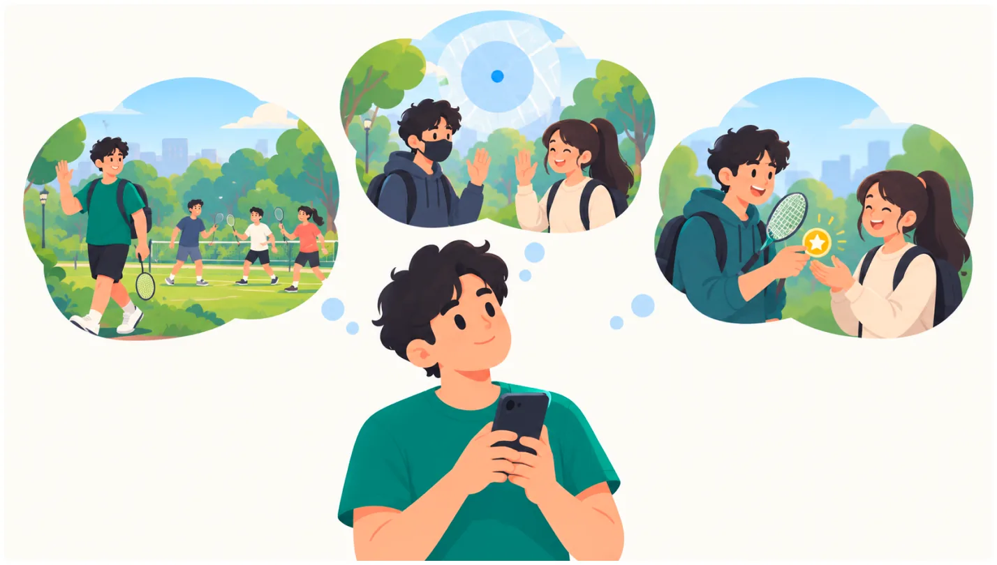Illustration: a boy looking at his phone, imagining joining a badminton game in the park, meeting new people and playing together