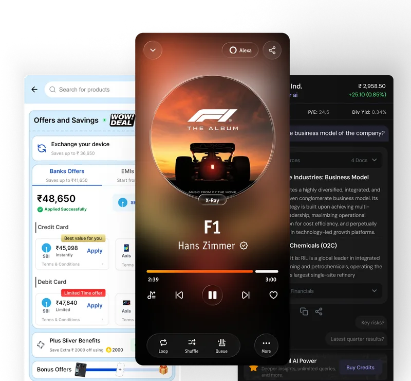 Three app screens: a bank offers page, an F1 album music player and a dark AI stock research chat