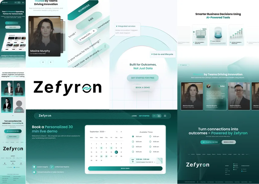 Collage of Zefyron landing page sections: hero, testimonials, demo booking and footer